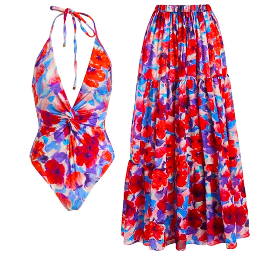 BRAND NEW never been worn halter floral one piece bathing suit w/ matching skirt
